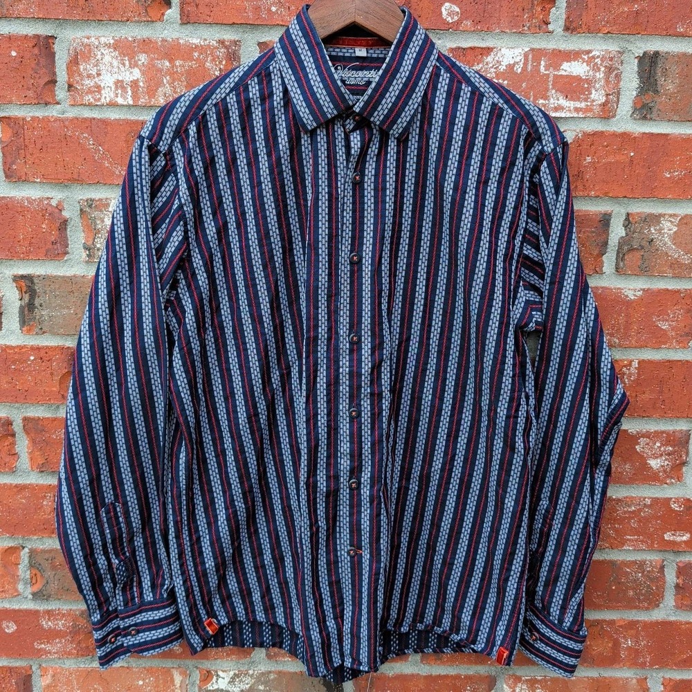 Visconti Uomo Button Down Shirt Mens Medium Blue Red Striped Mercerized Cotton